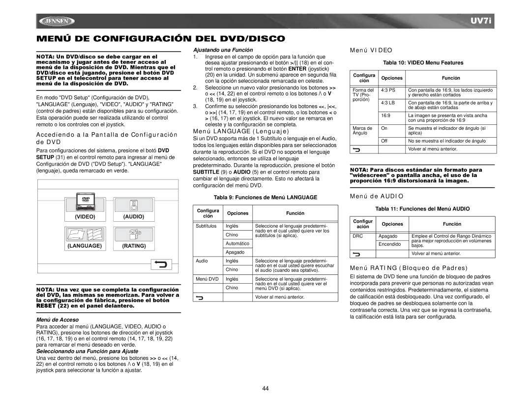 Audiovox UV7I instruction manual Menú DE Configuración DEL DVD/DISCO 