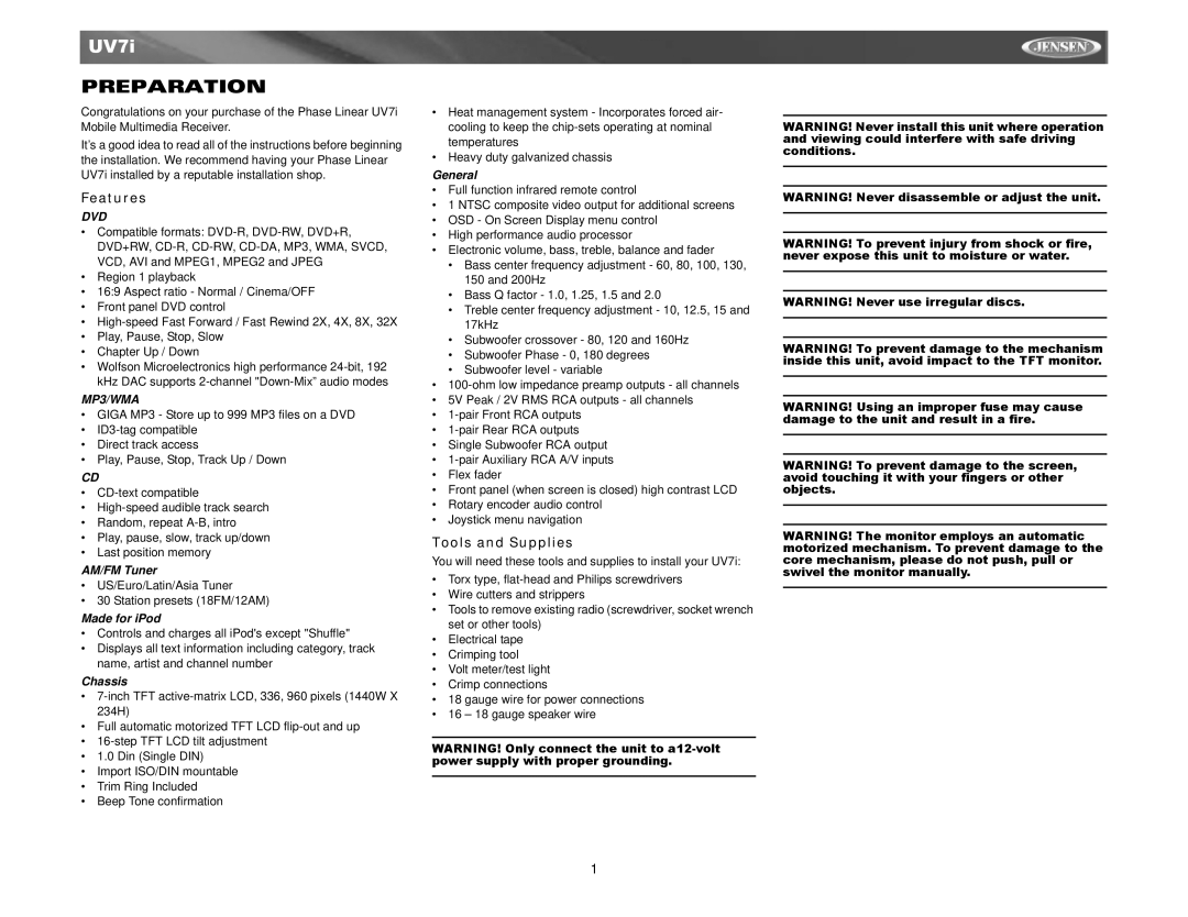 Audiovox UV7I instruction manual Preparation, Features, Tools and Supplies 