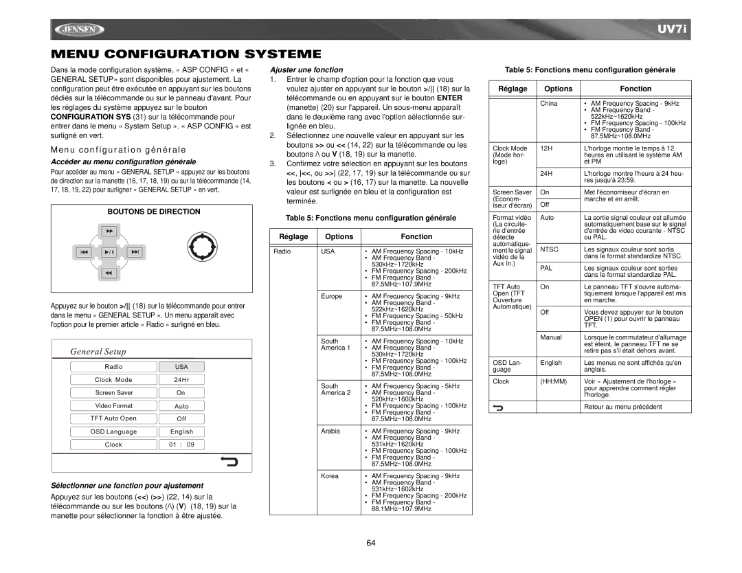 Audiovox UV7I Menu Configuration Systeme, Menu configuration générale, Accéder au menu configuration générale 