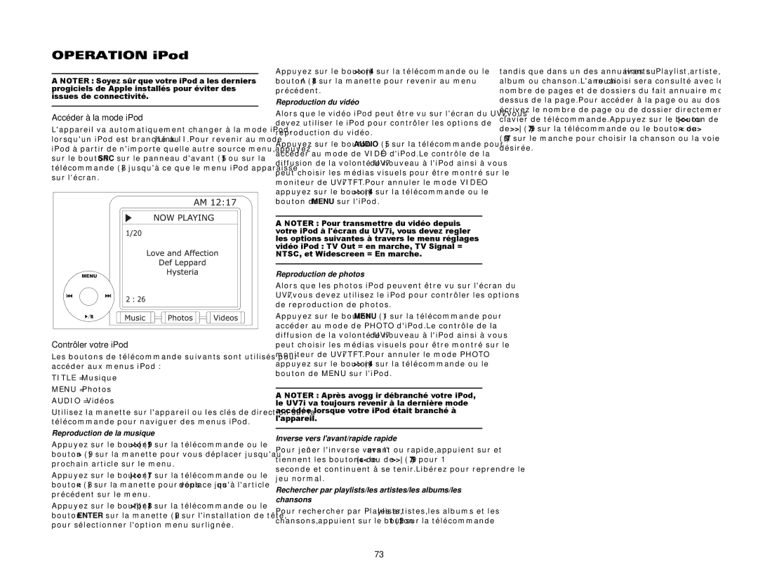 Audiovox UV7I instruction manual Accéder à la mode iPod, Contrôler votre iPod 