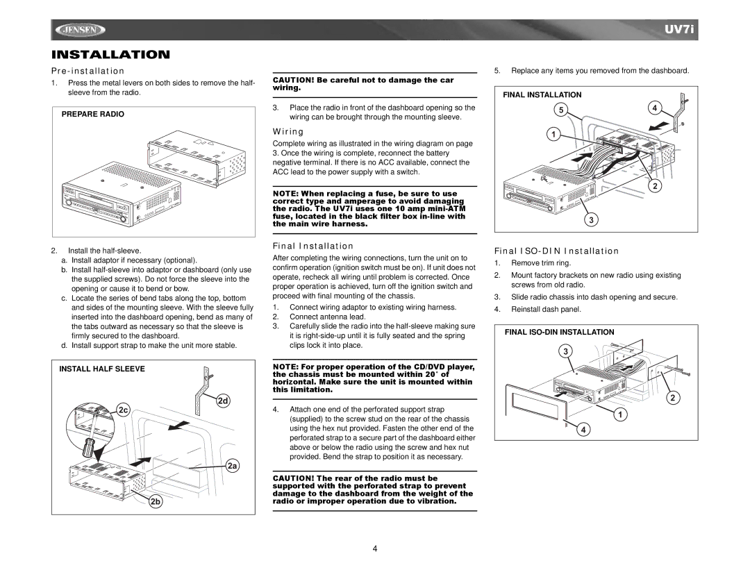 Audiovox UV7I instruction manual Pre-installation, Wiring, Final Installation, Final ISO-DIN Installation 