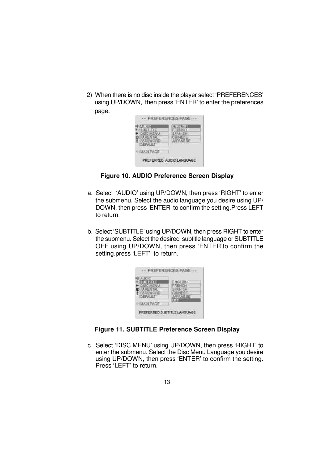 Audiovox VBB50 manual Audio Preference Screen Display 