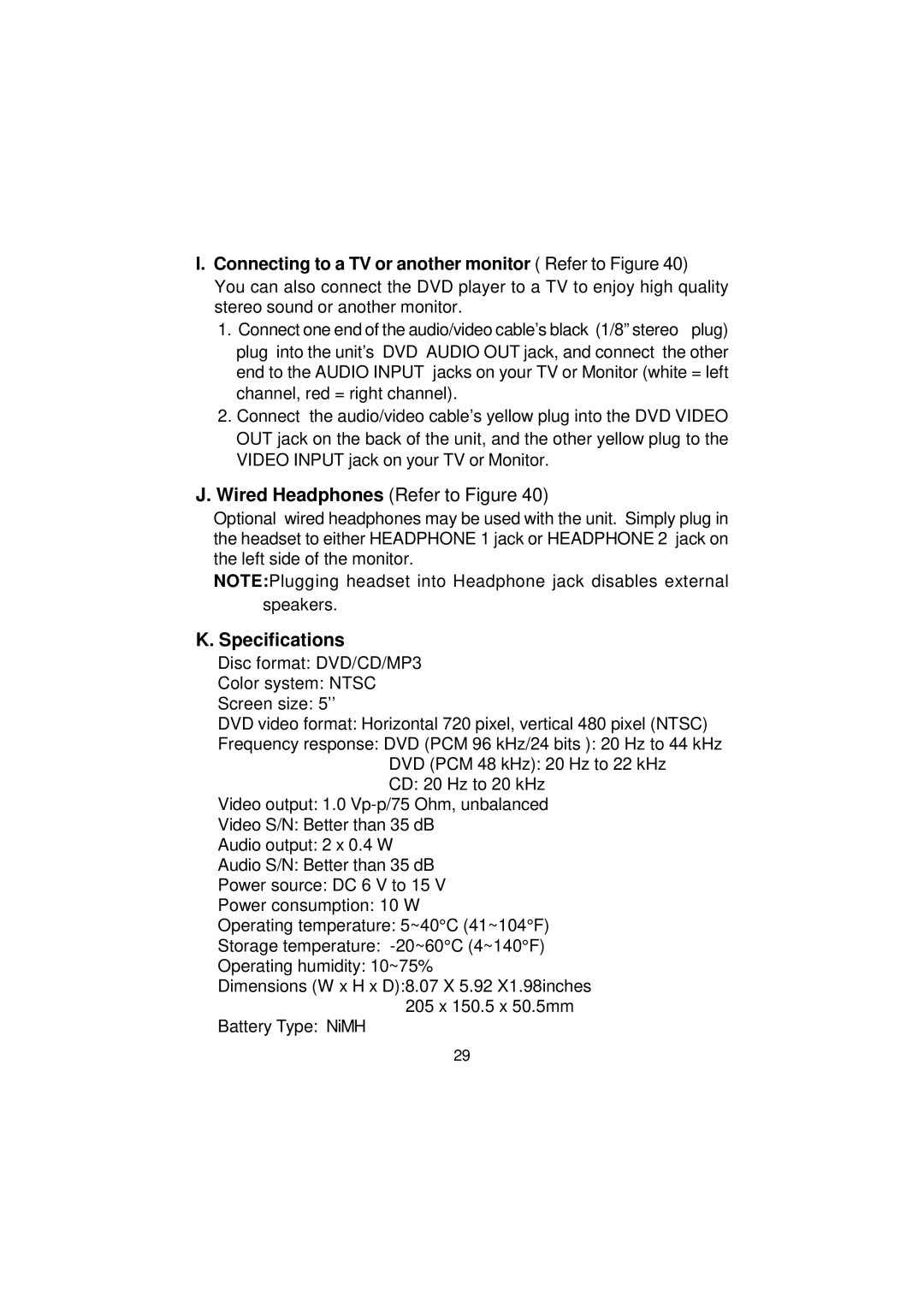 Audiovox VBB50 manual Specifications, Connecting to a TV or another monitor Refer to Figure 