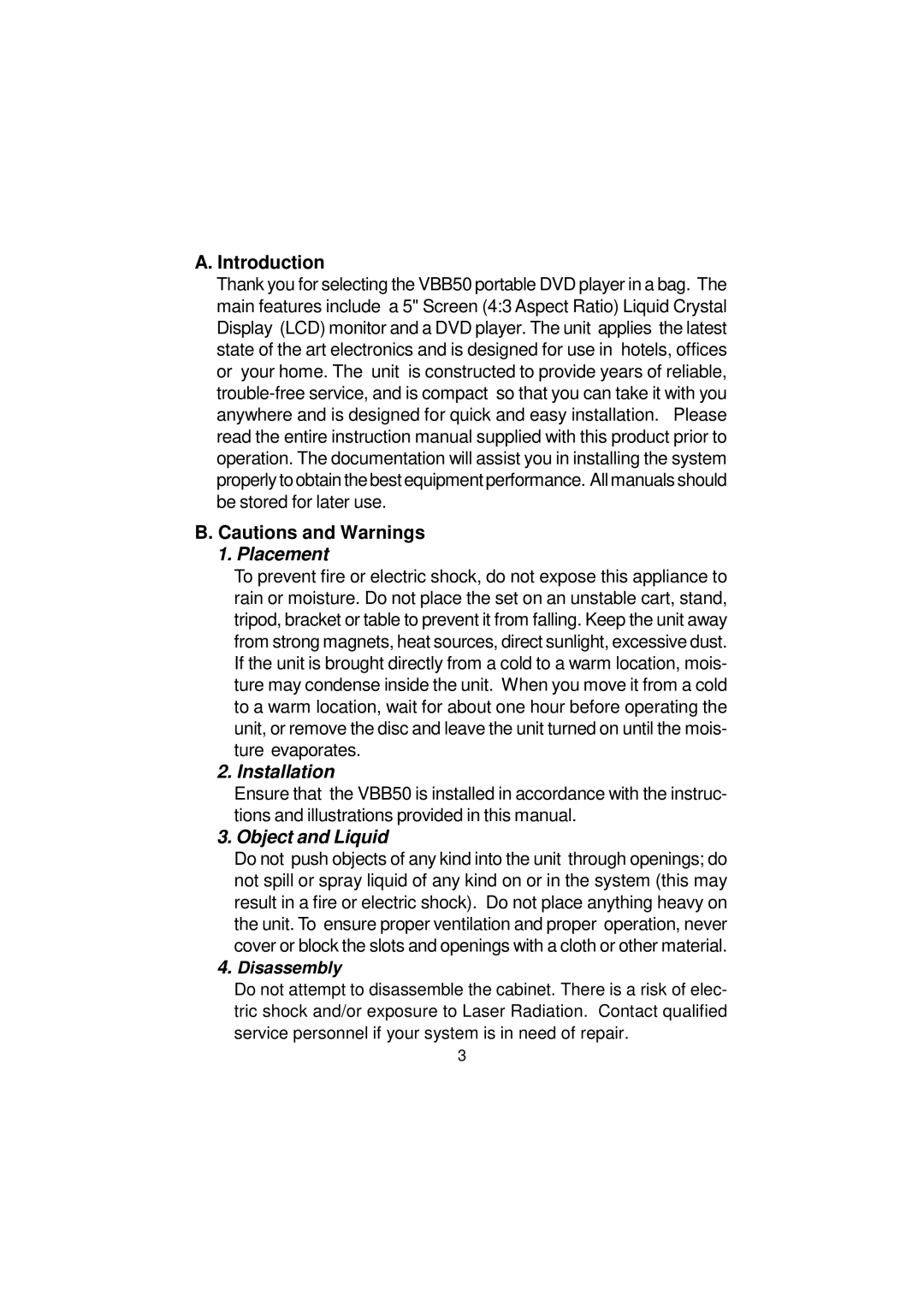 Audiovox VBB50 manual Introduction, Disassembly 