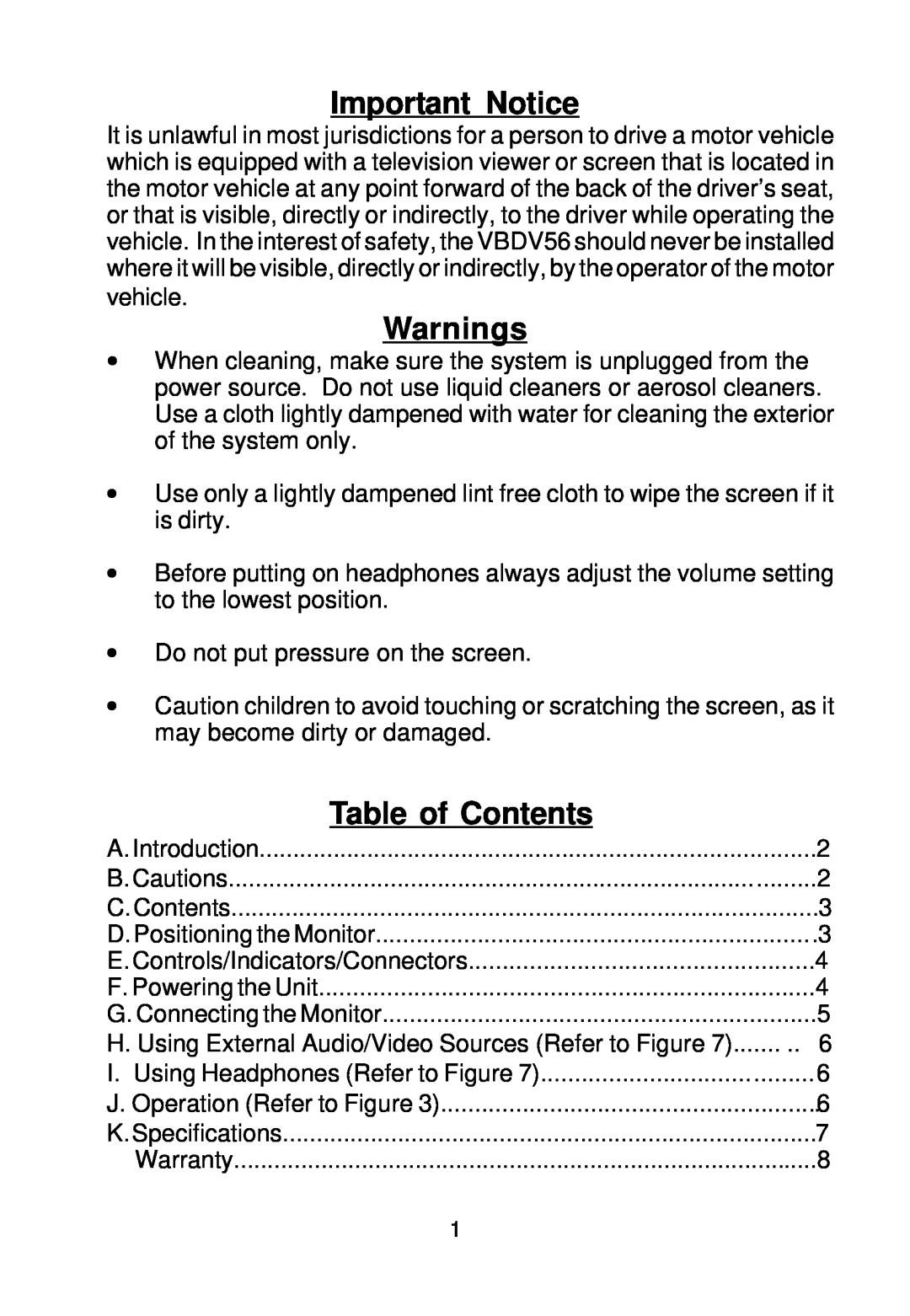 Audiovox VBDV56 owner manual Important Notice, Warnings, Table of Contents 
