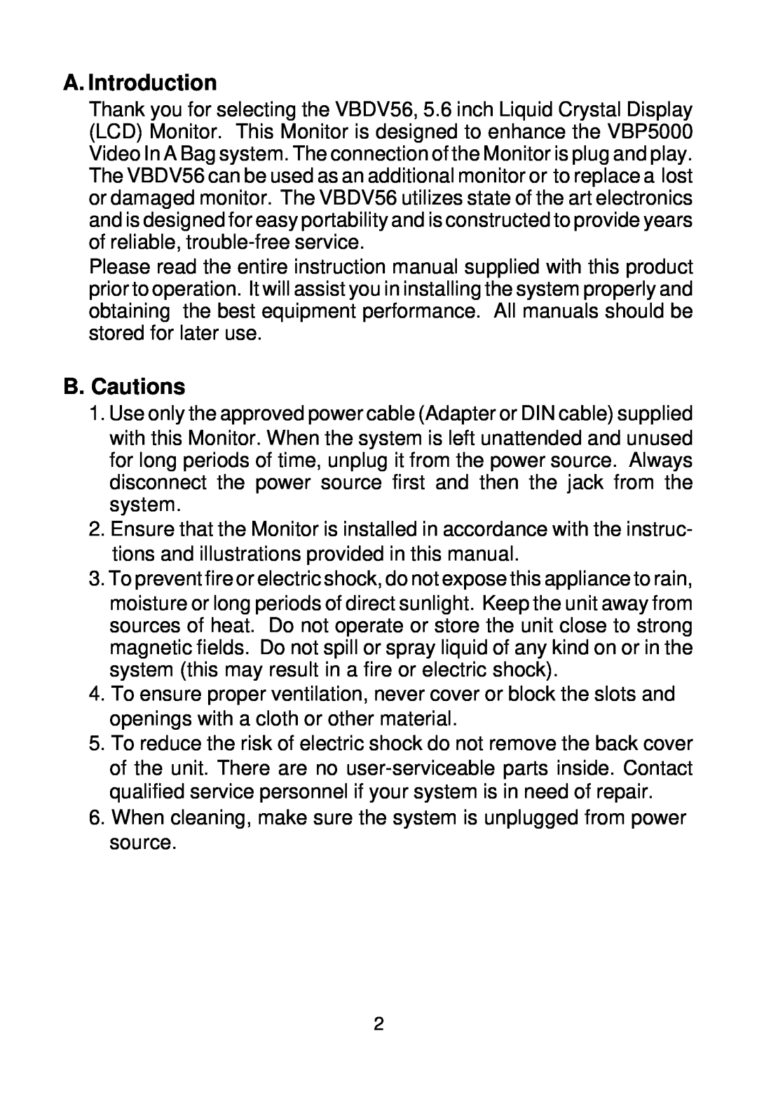 Audiovox VBDV56 owner manual A. Introduction, B. Cautions 