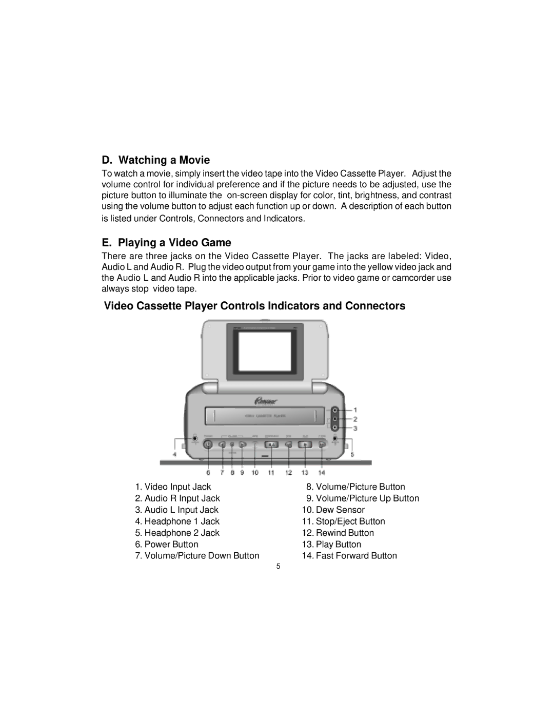 Audiovox VBP1000 manual Watching a Movie, Playing a Video Game, Video Cassette Player Controls Indicators and Connectors 