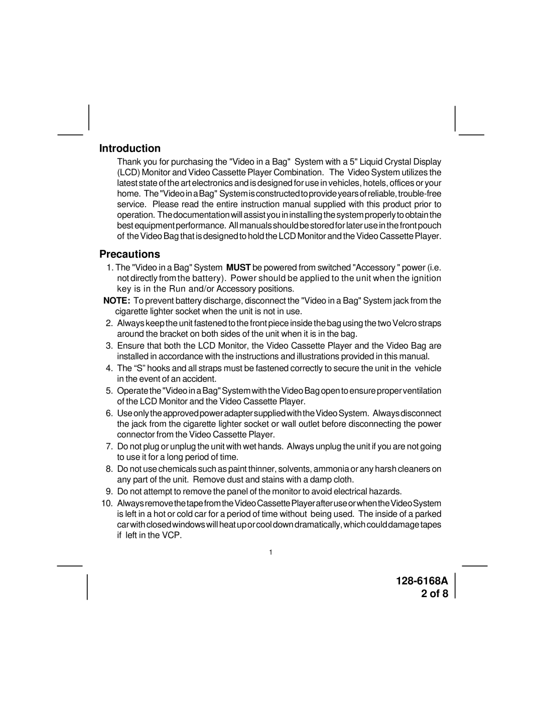 Audiovox VBP2000 manual Introduction Precautions 