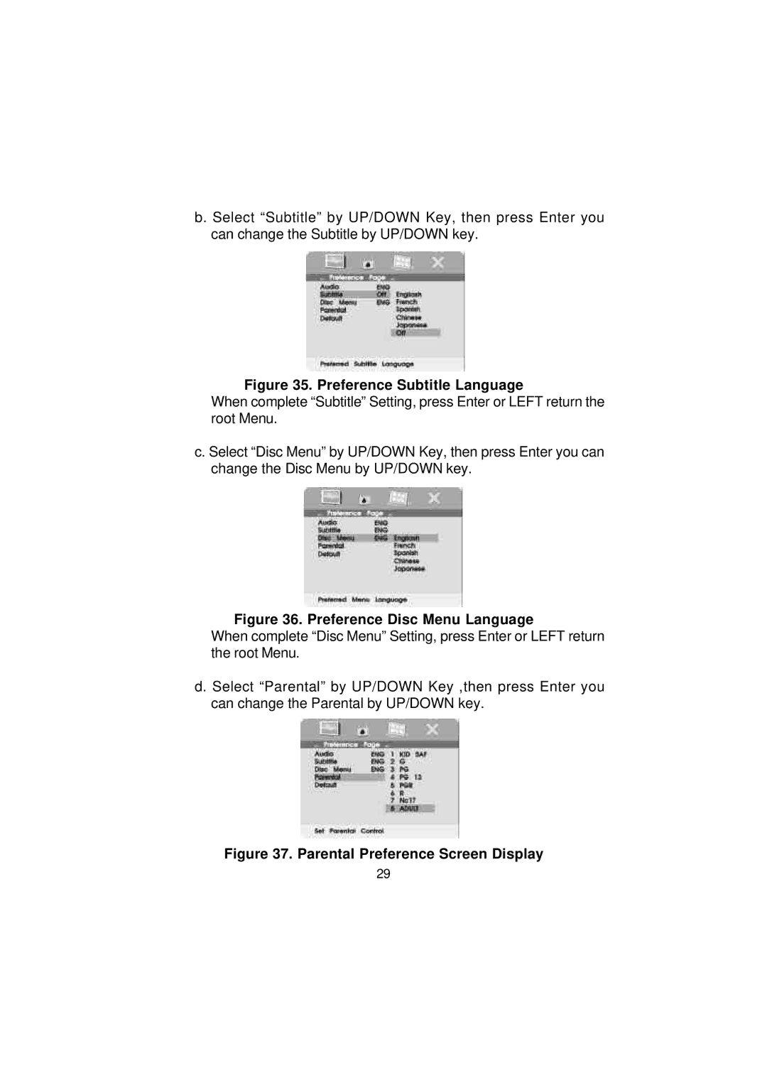 Audiovox VBP3900 manual Preference Subtitle Language 