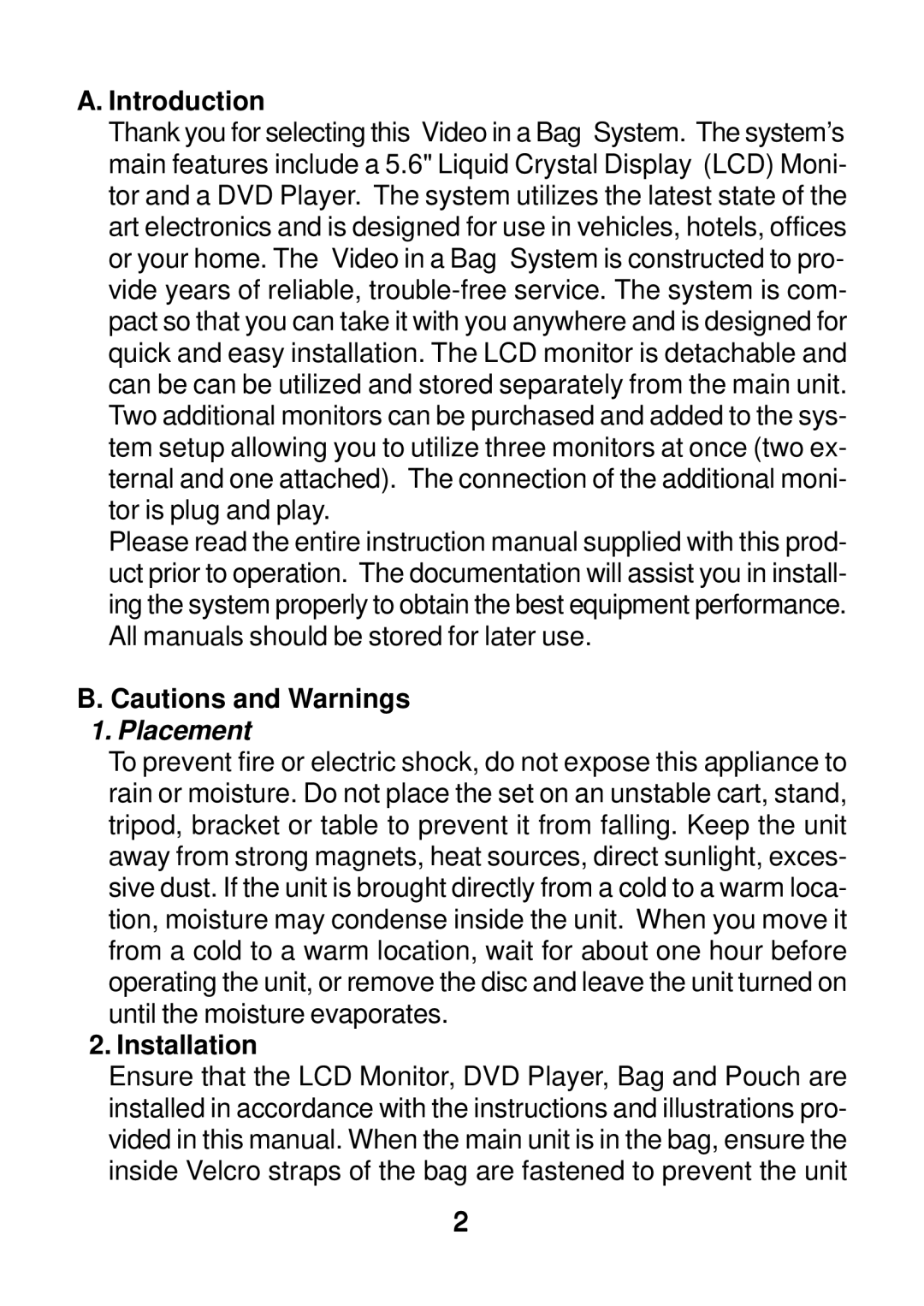 Audiovox VBP4000 manual Introduction, Placement, Installation 