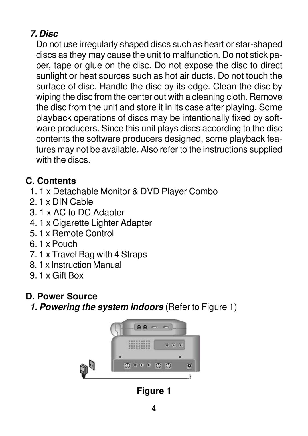 Audiovox VBP4000 manual Disc, Contents, Power Source, Powering the system indoors Refer to Figure 