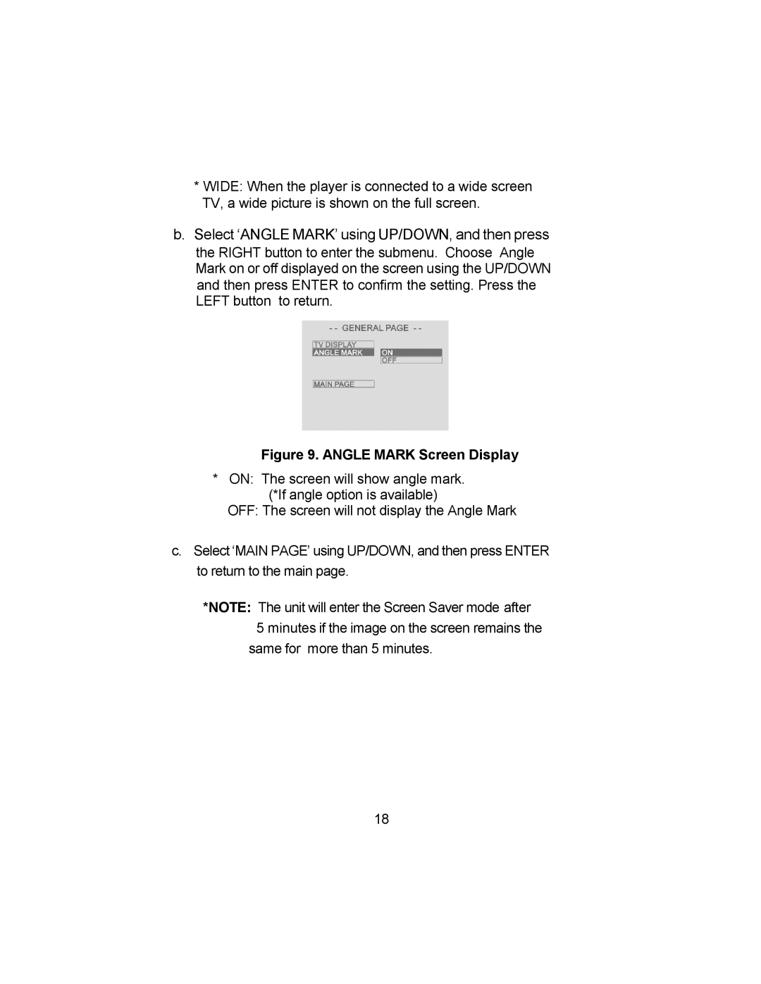 Audiovox VBP4000 owner manual Select ‘ANGLE MARK’ using UP/DOWN, and then press 