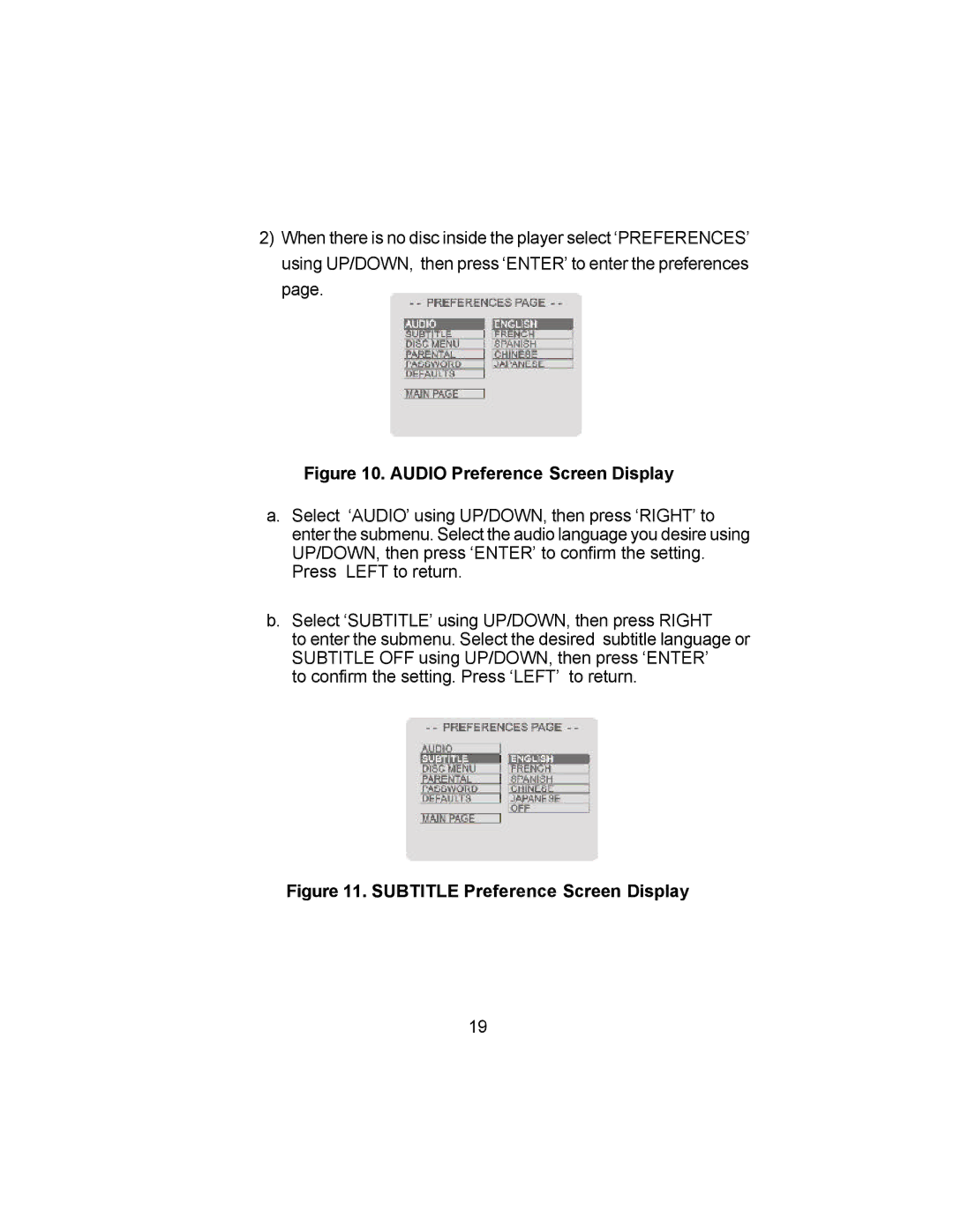 Audiovox VBP4000 owner manual Audio Preference Screen Display 