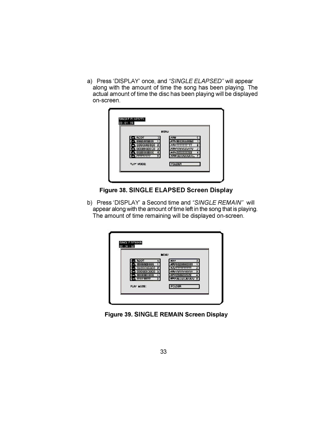 Audiovox VBP4000 owner manual Single Elapsed Screen Display 