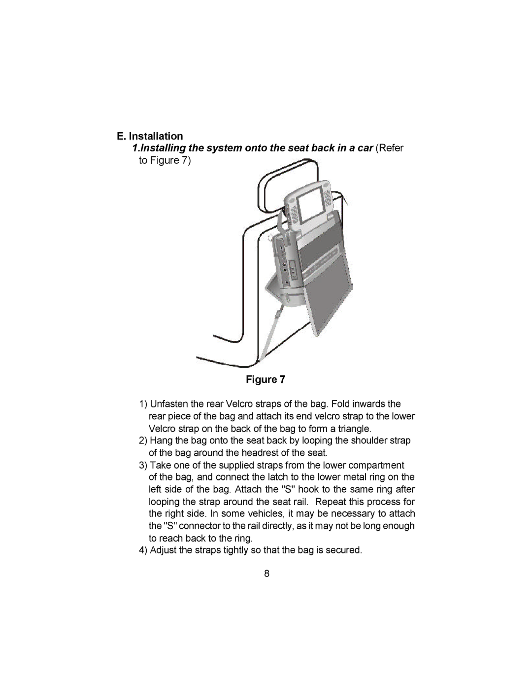 Audiovox VBP4000 owner manual Installation, Installing the system onto the seat back in a car Refer 