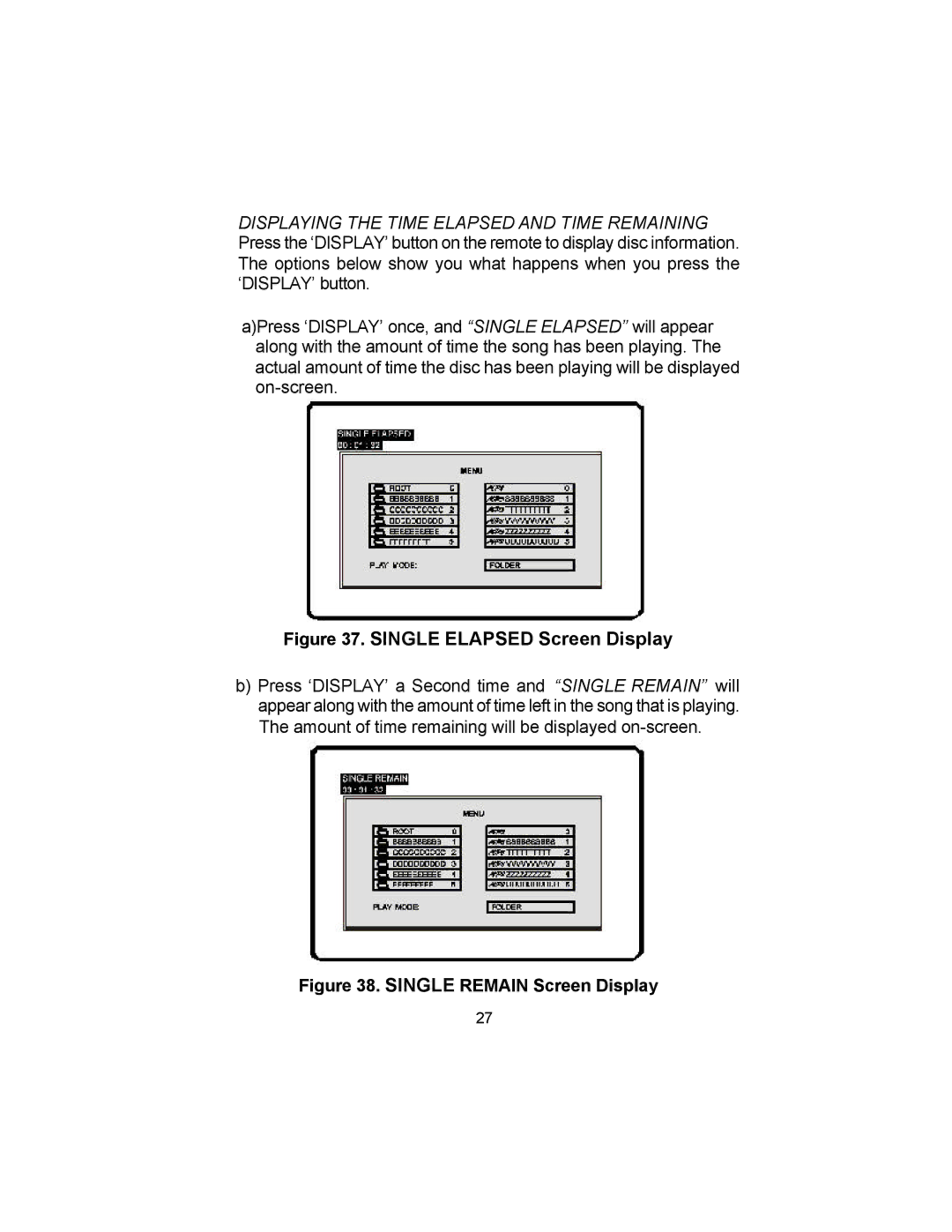 Audiovox VBP50 manual Single Elapsed Screen Display 