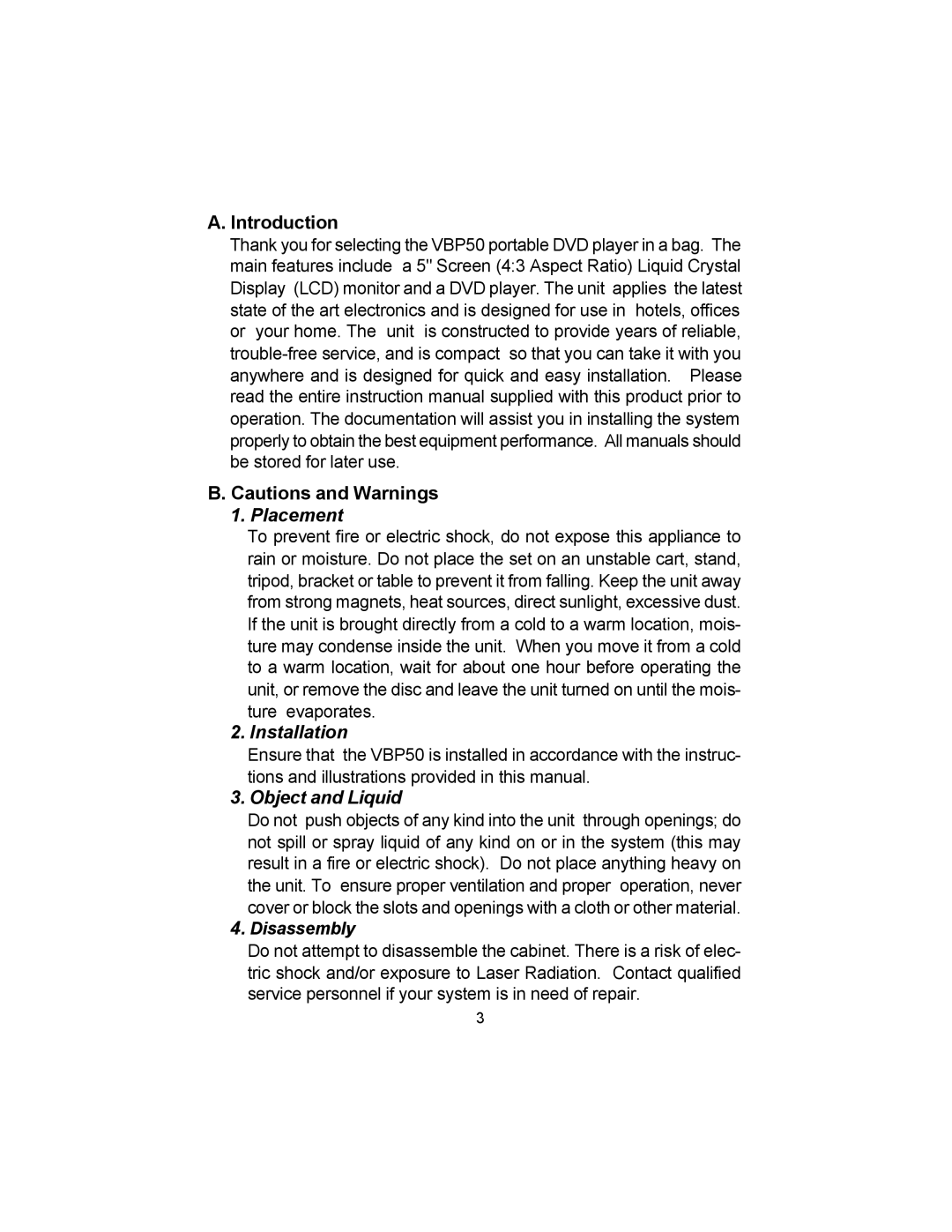 Audiovox VBP50 manual Introduction, Disassembly 