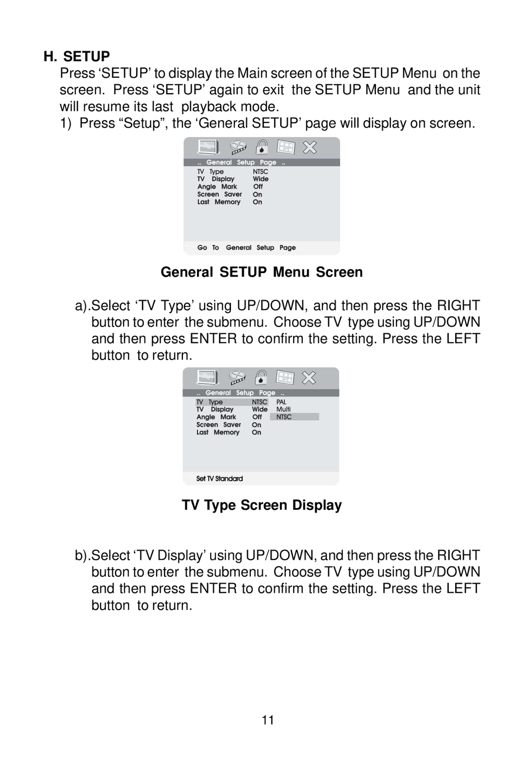 Audiovox VBP500 manual General Setup Menu Screen, TV Type Screen Display 