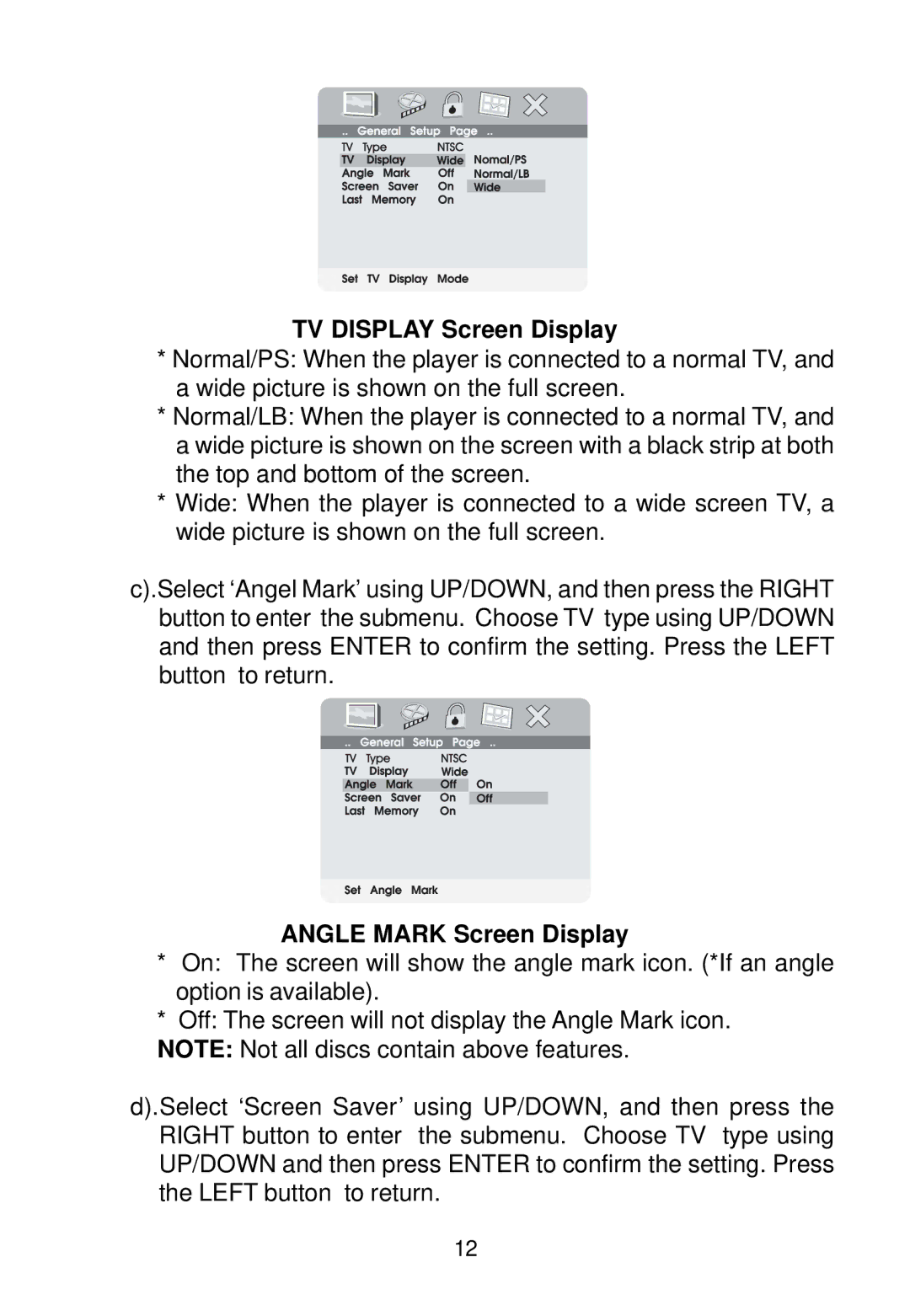 Audiovox VBP500 manual TV Display Screen Display, Angle Mark Screen Display 