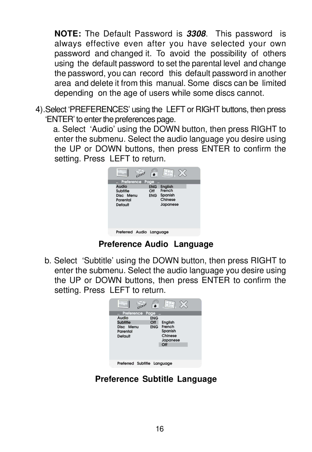 Audiovox VBP500 manual Preference Audio Language, Preference Subtitle Language 