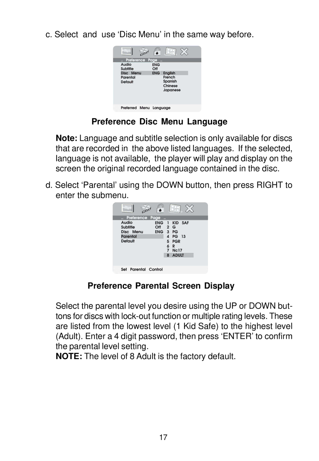 Audiovox VBP500 manual Preference Disc Menu Language, Preference Parental Screen Display 