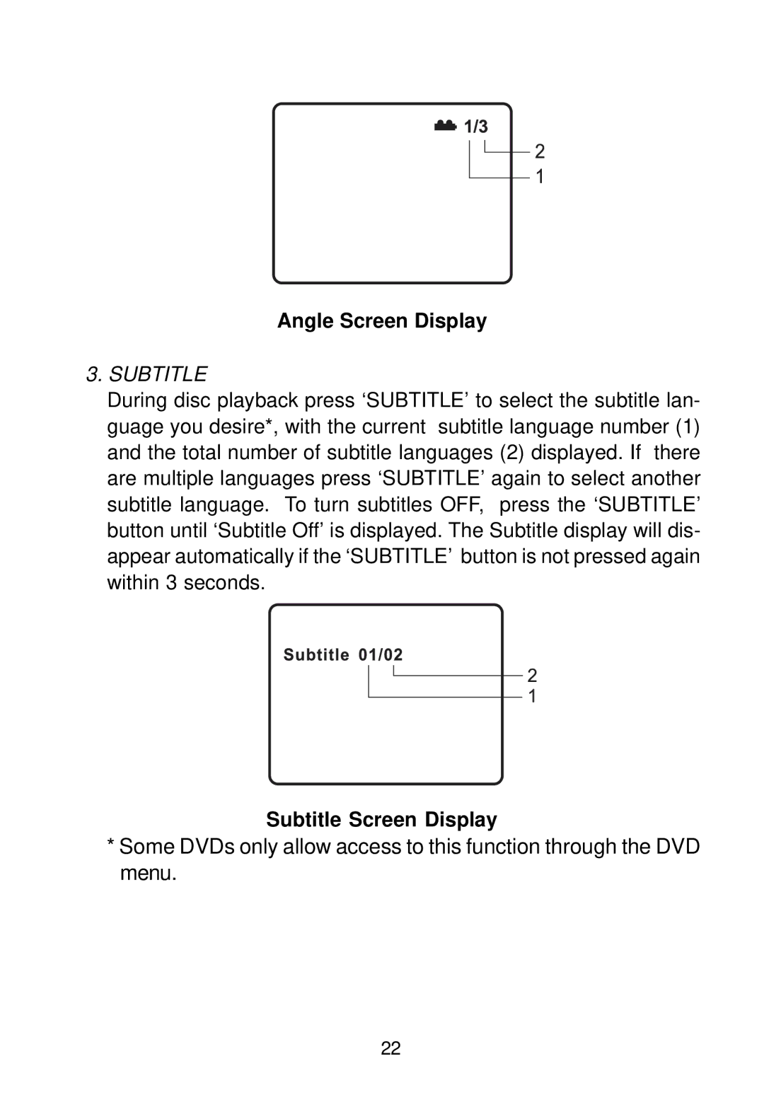 Audiovox VBP500 manual Angle Screen Display, Subtitle Screen Display 