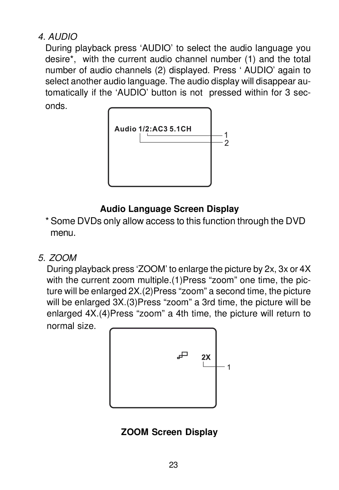 Audiovox VBP500 manual Audio Language Screen Display, Zoom Screen Display 