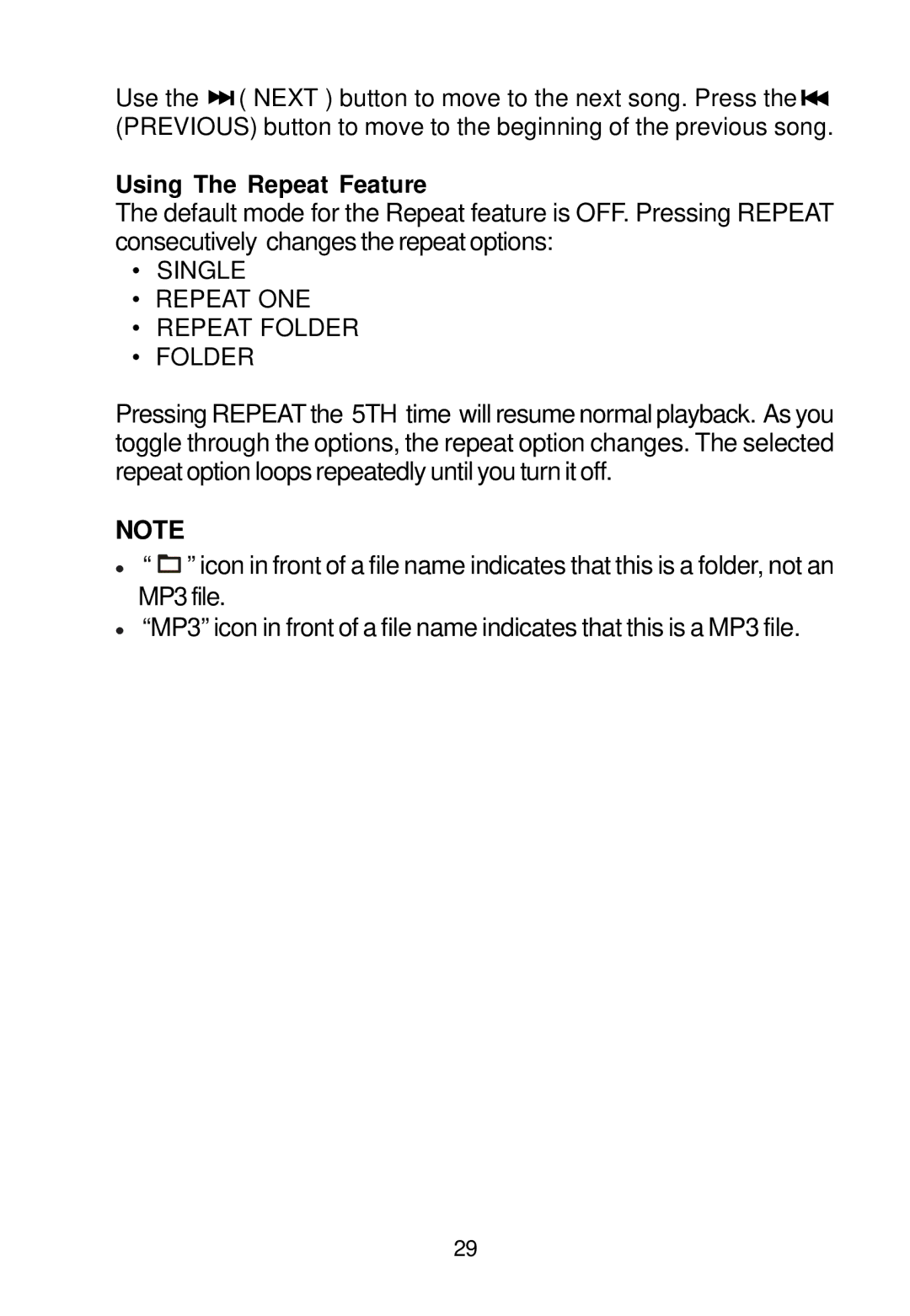 Audiovox VBP500 manual Using The Repeat Feature, Single Repeat ONE Repeat Folder 