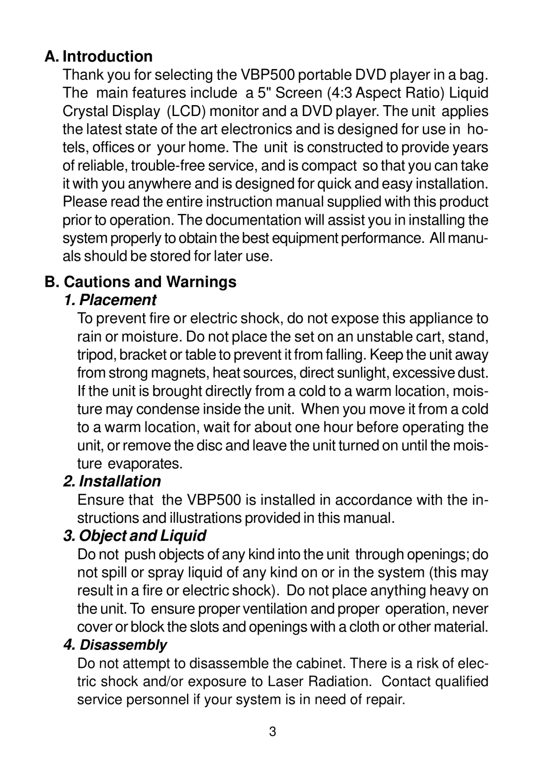 Audiovox VBP500 manual Introduction, Placement 