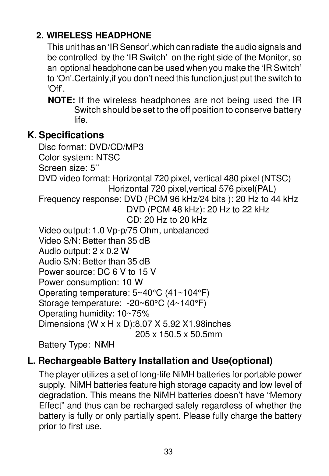 Audiovox VBP500 manual Specifications, Rechargeable Battery Installation and Useoptional 