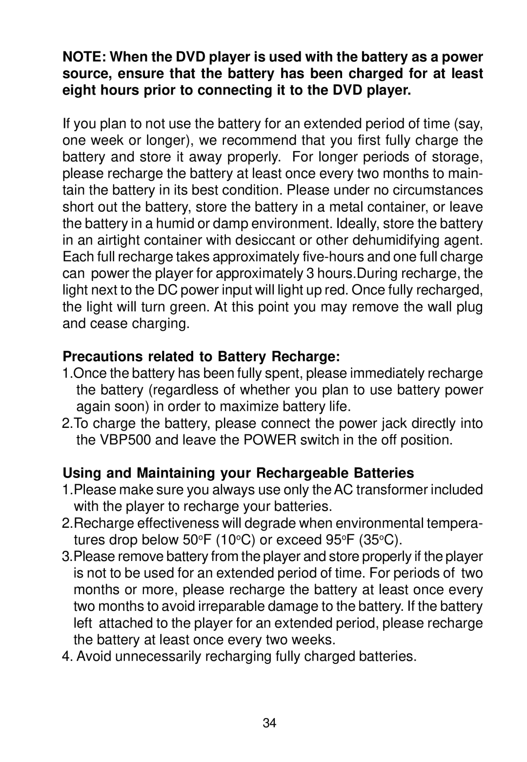 Audiovox VBP500 manual Precautions related to Battery Recharge, Using and Maintaining your Rechargeable Batteries 