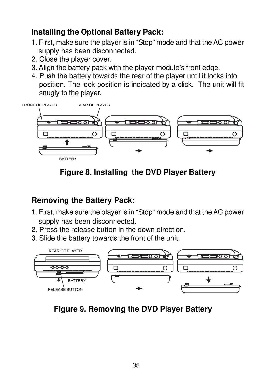 Audiovox VBP500 manual Installing the Optional Battery Pack, Installing the DVD Player Battery Removing the Battery Pack 