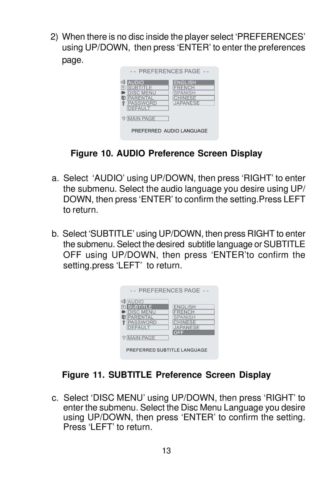 Audiovox VBP58 manual Audio Preference Screen Display 