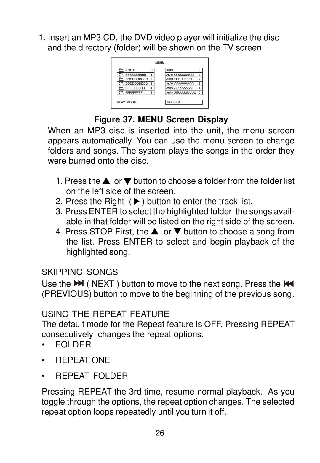 Audiovox VBP58 manual Menu Screen Display 