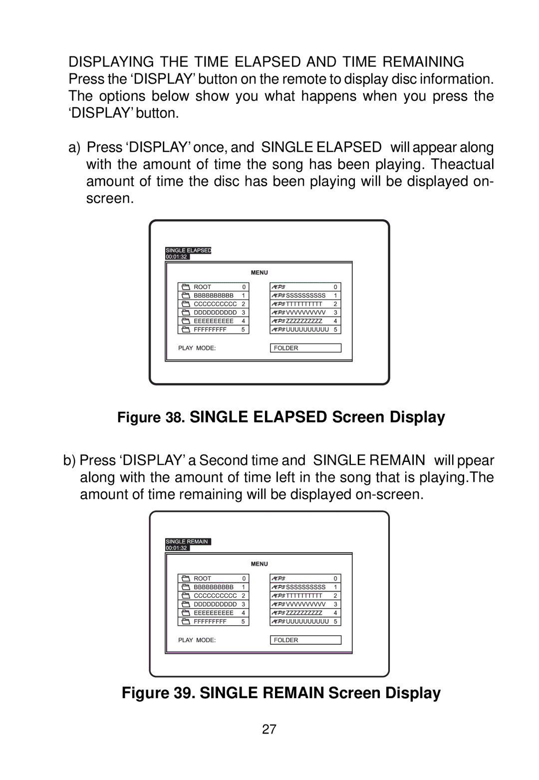 Audiovox VBP58 manual Single Elapsed Screen Display 