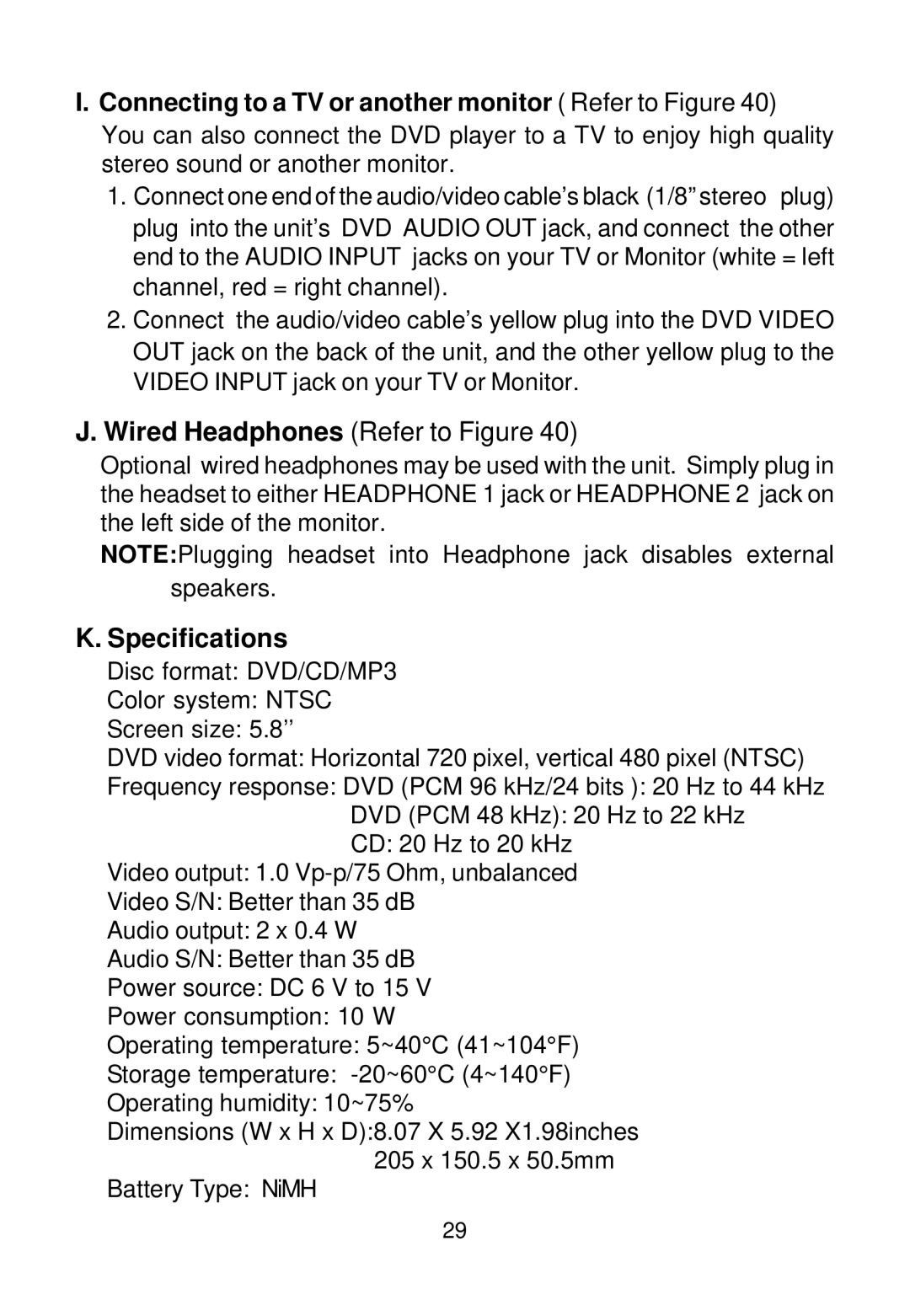 Audiovox VBP58 manual Specifications, Connecting to a TV or another monitor Refer to Figure 