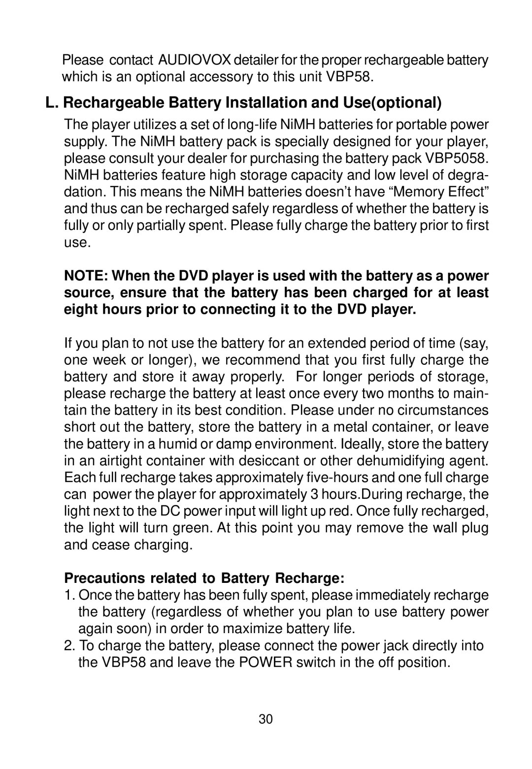 Audiovox VBP58 manual Rechargeable Battery Installation and Useoptional, Precautions related to Battery Recharge 