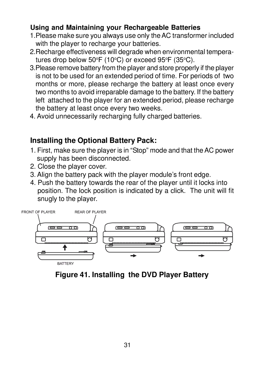 Audiovox VBP58 manual Installing the Optional Battery Pack, Installing the DVD Player Battery 