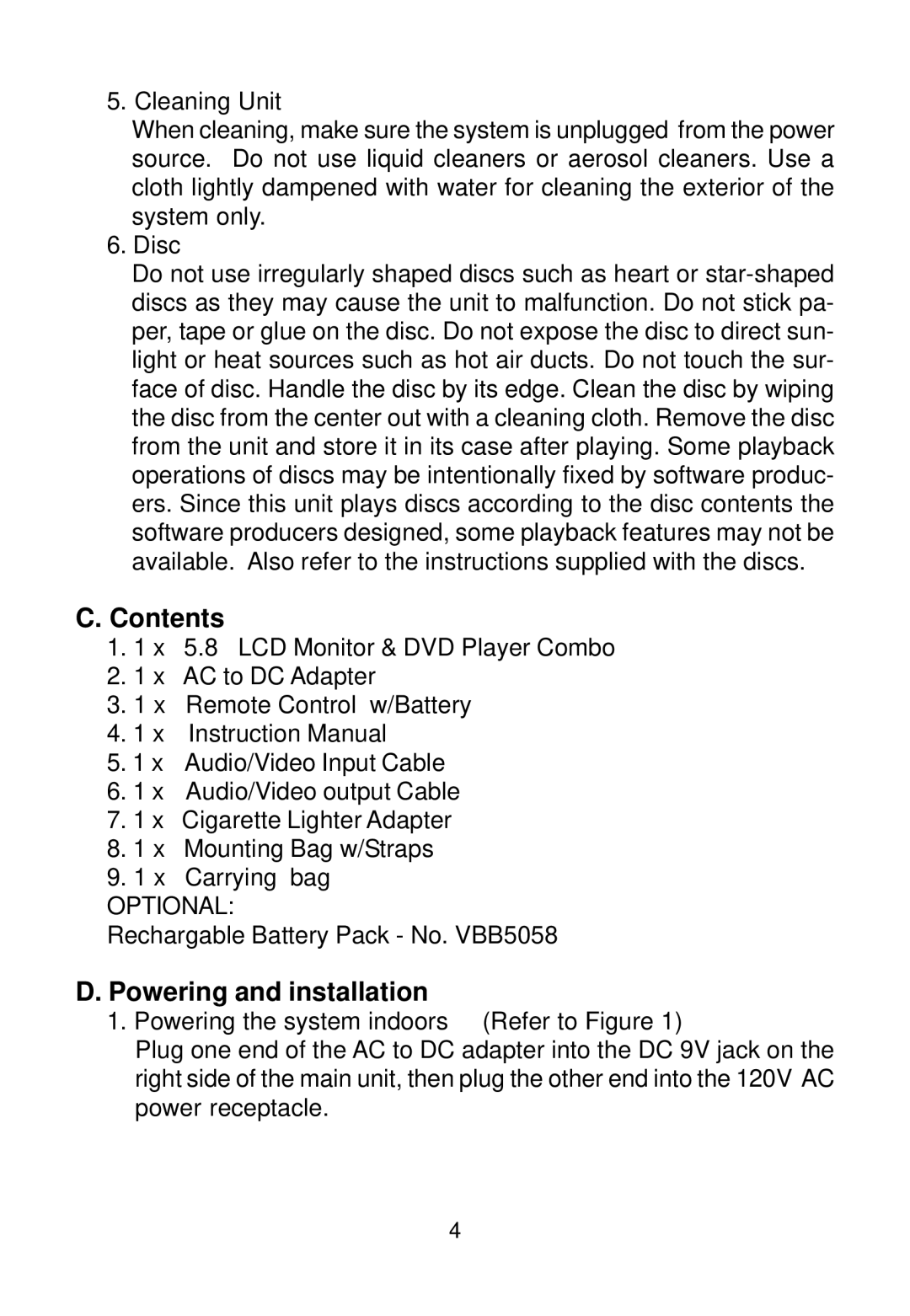 Audiovox VBP58 manual Contents, Powering and installation 