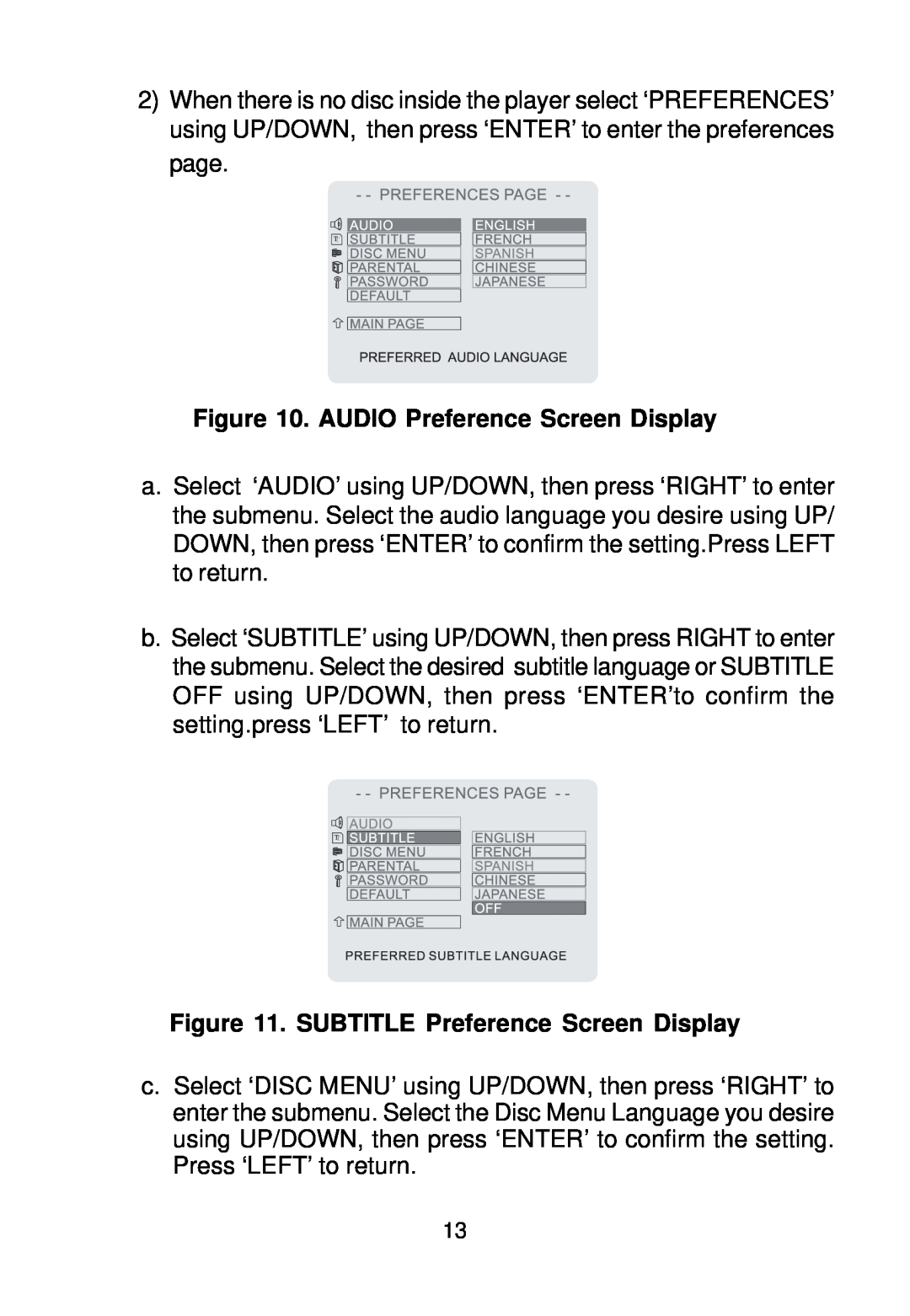 Audiovox VBP58 manual AUDIO Preference Screen Display, SUBTITLE Preference Screen Display 
