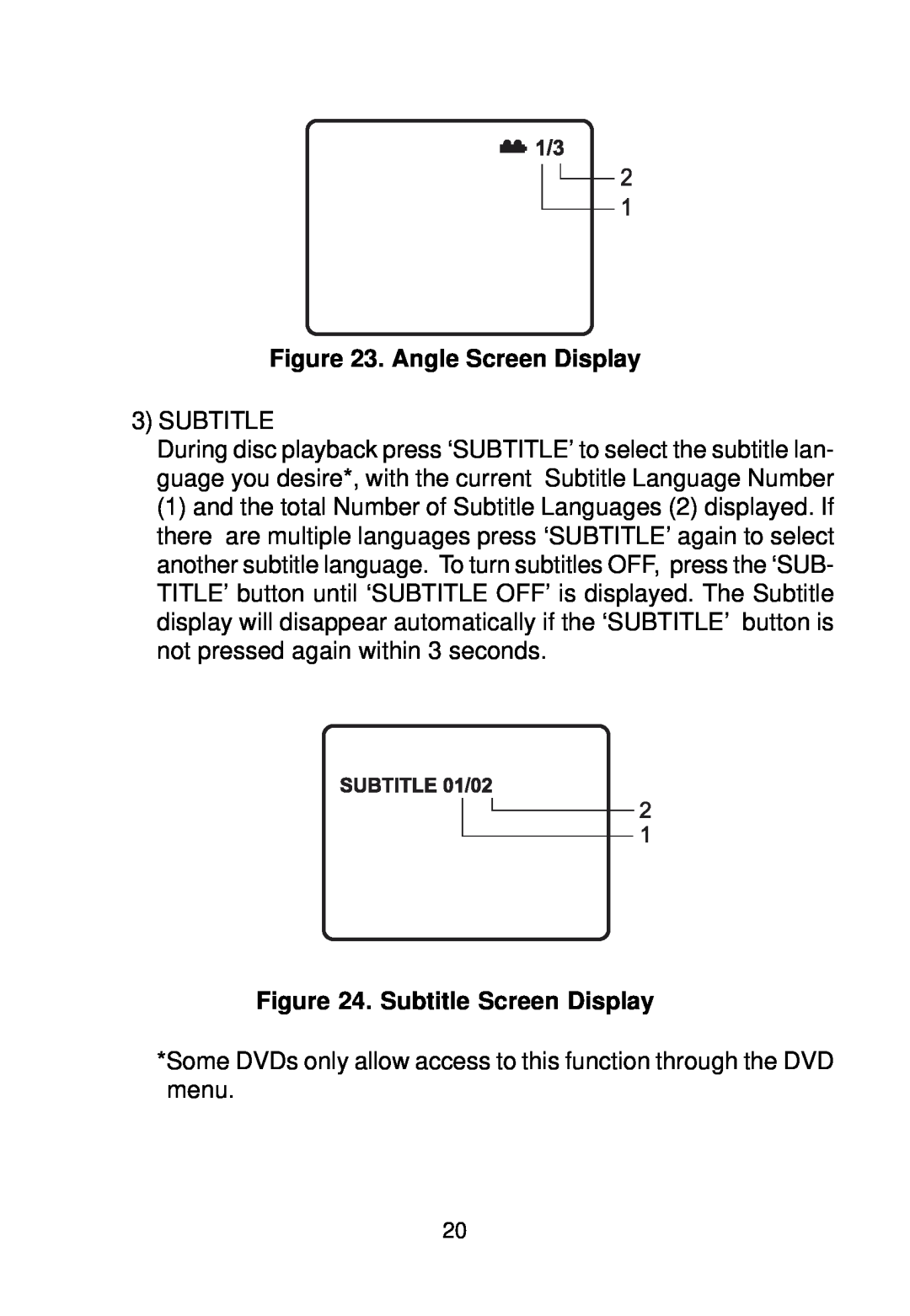 Audiovox VBP58 manual Angle Screen Display, Subtitle Screen Display 