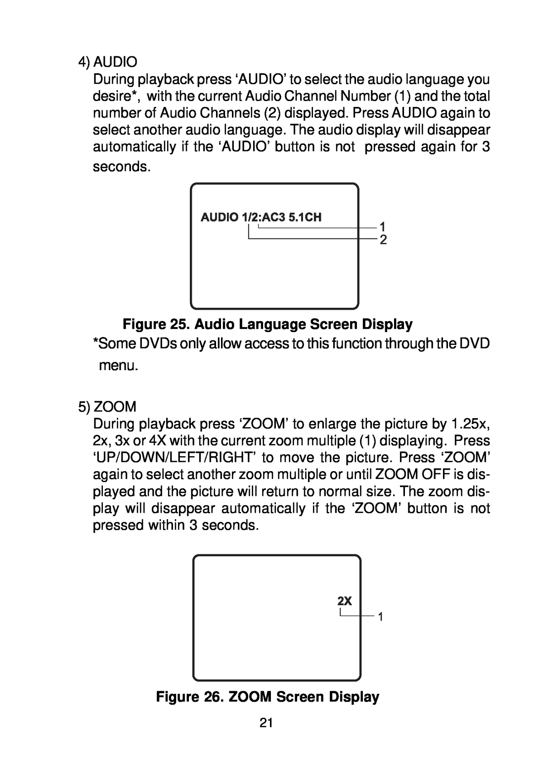 Audiovox VBP58 manual Audio Language Screen Display, ZOOM Screen Display 