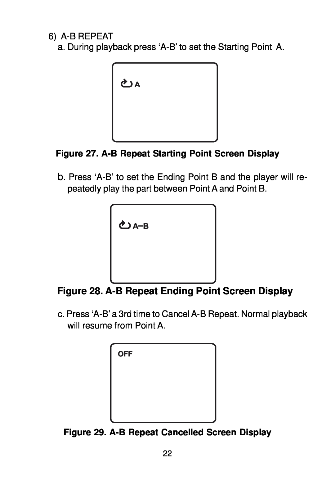 Audiovox VBP58 manual A-B Repeat Ending Point Screen Display, A-B Repeat Starting Point Screen Display 
