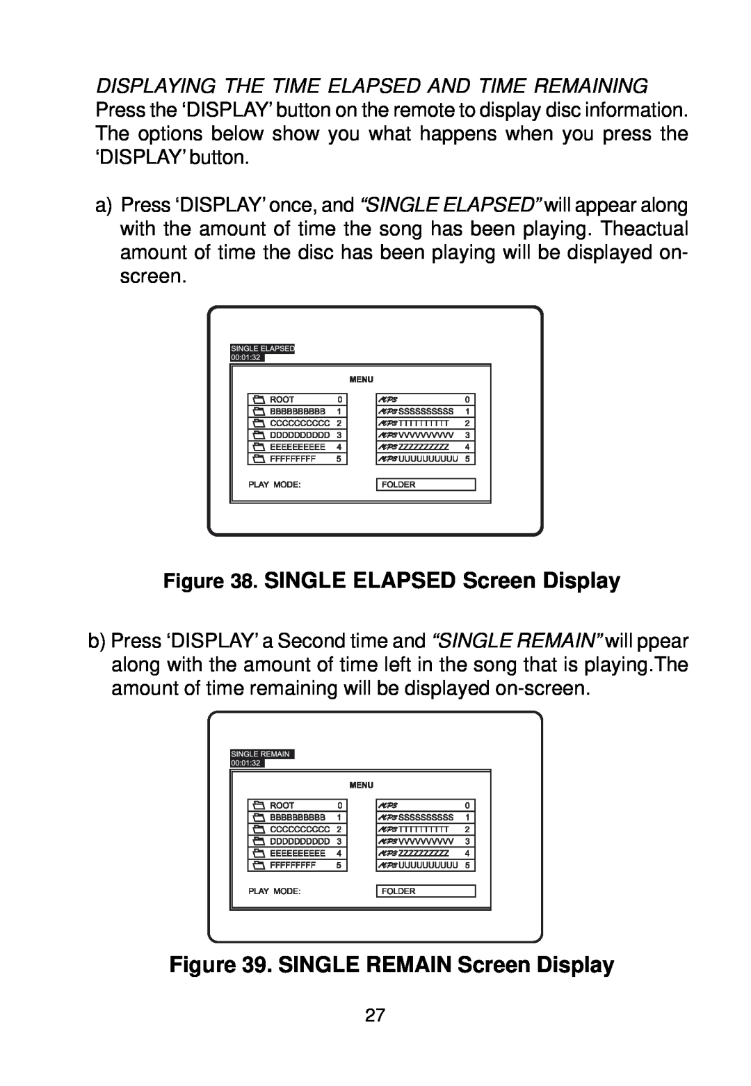 Audiovox VBP58 manual SINGLE ELAPSED Screen Display, SINGLE REMAIN Screen Display 