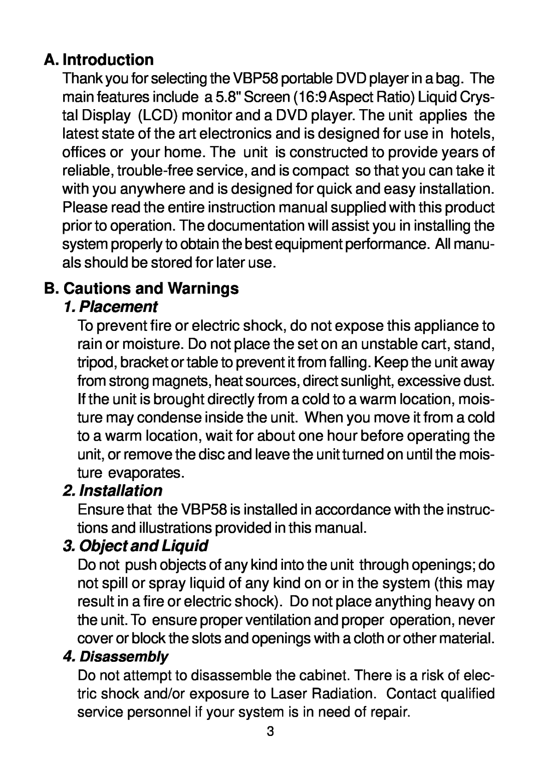 Audiovox VBP58 manual A. Introduction, B. Cautions and Warnings, Disassembly, Placement, Installation, Object and Liquid 
