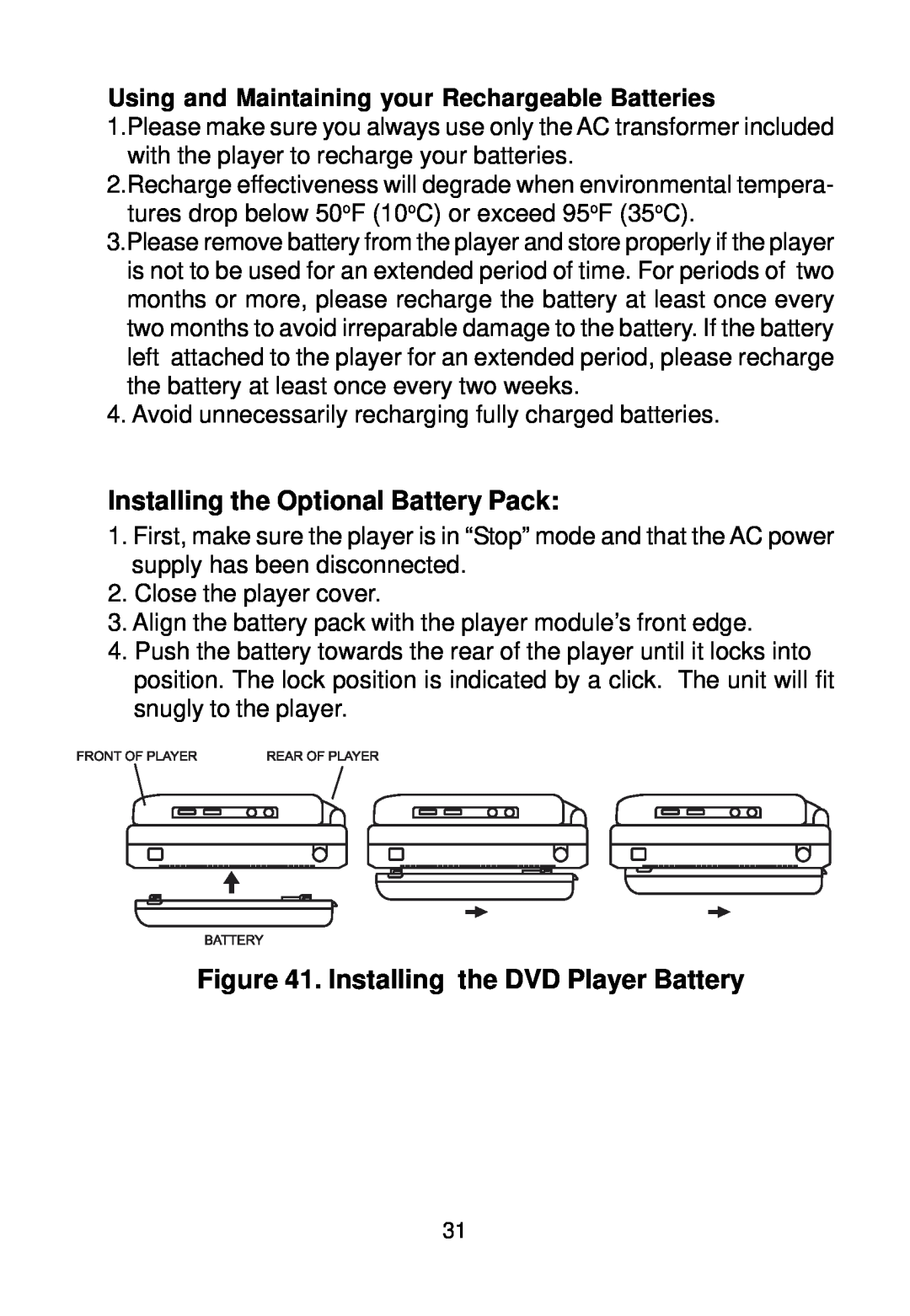 Audiovox VBP58 manual Installing the Optional Battery Pack, Installing the DVD Player Battery 