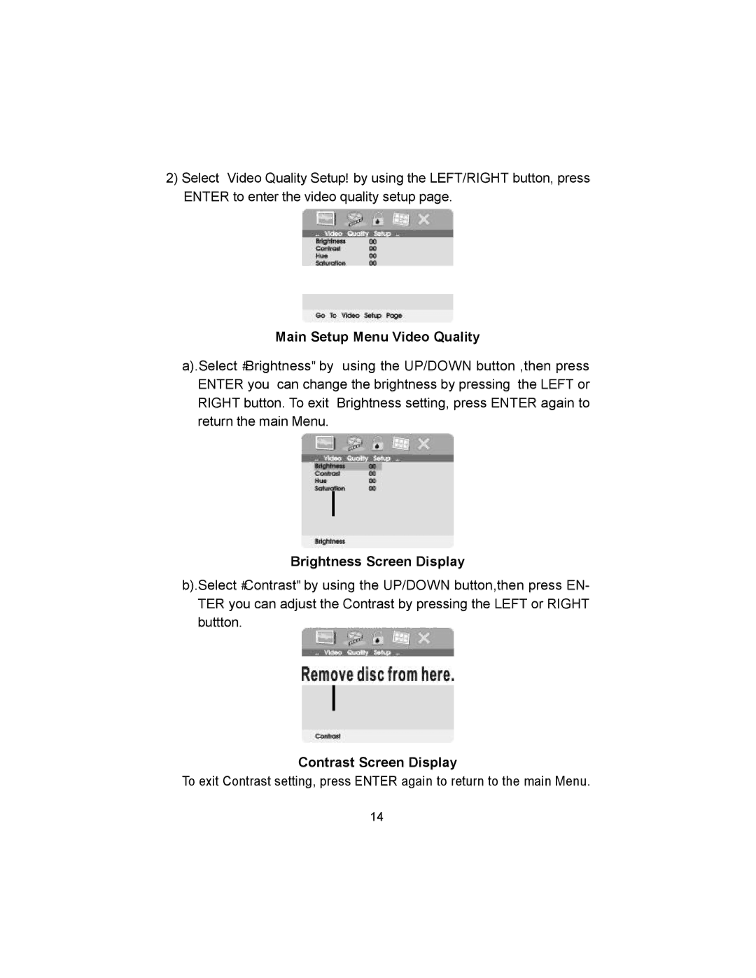 Audiovox VBP620 manual Main Setup Menu Video Quality, Brightness Screen Display, Contrast Screen Display 