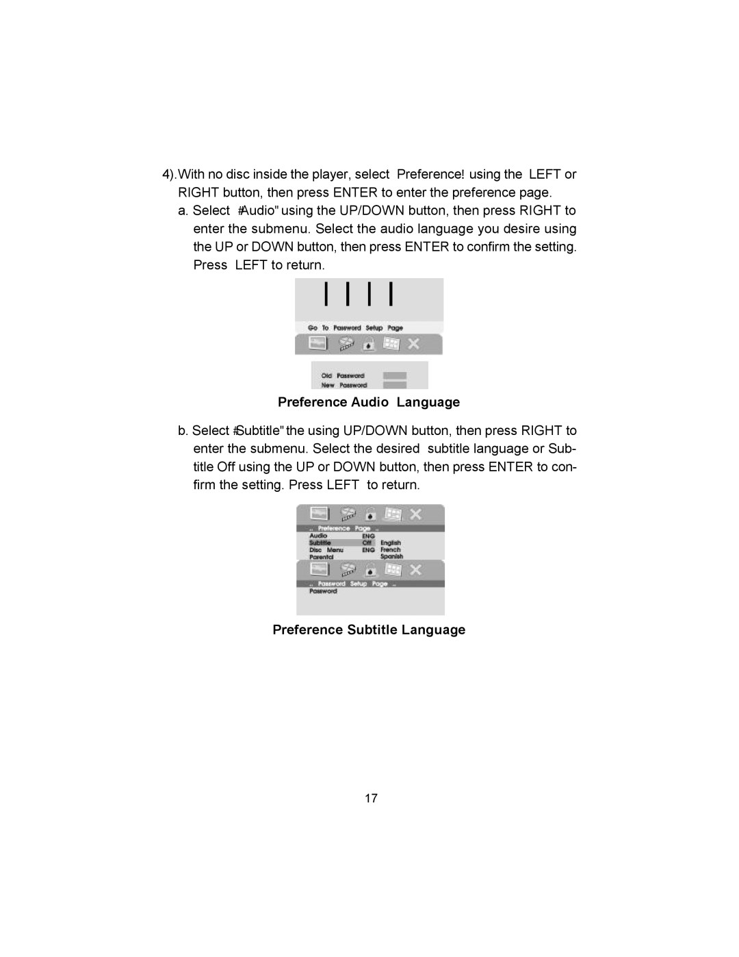 Audiovox VBP620 manual Preference Audio Language, Preference Subtitle Language 