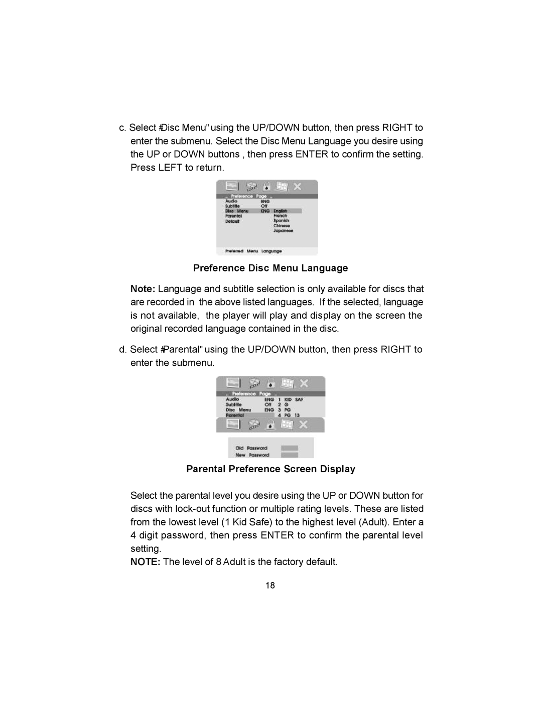 Audiovox VBP620 manual Preference Disc Menu Language, Parental Preference Screen Display 