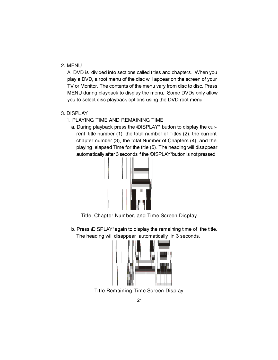 Audiovox VBP620 manual Title, Chapter Number, and Time Screen Display, Title Remaining Time Screen Display 